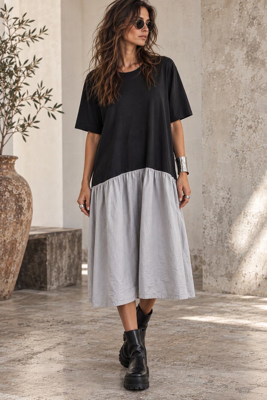 Ruti Zero Effort Dress M/L Black Gray Colorblock Oversized Lagenlook Artwear